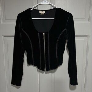 LULY K Women Small Velvet Zip Front Top Y2K Fitted Long Sleeves Career Evening